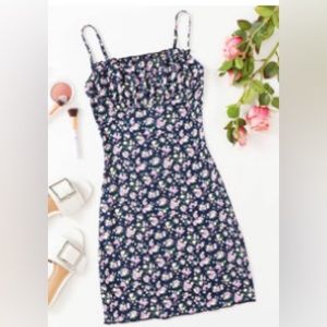 Plus floral frill trim runched bust dress